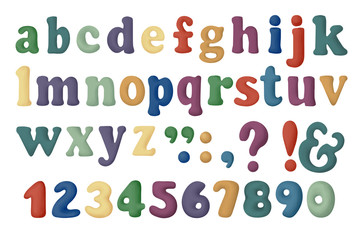 Cute bold colored latin alphabet in baby style, small letters and numbers, painted font on white background