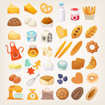 Set of ingredients for cooking bread. Bakery products and tools icons. Isolated vector illustrations.