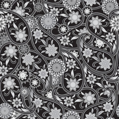Seamless grey geometric pattern with paisley and flowers . Vector background. Use for pattern fills, textile design, wallpaper.