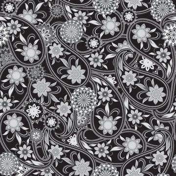 Seamless grey geometric pattern with paisley and flowers . Vector background. Use for pattern fills, textile design, wallpaper.