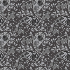 Seamless grey floral pattern with paisley and roses . Vector background.