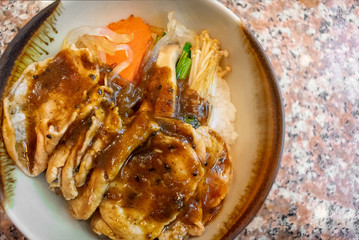 Japanese Butadon Pork Bowl Rice with Black Pepper Sauce.