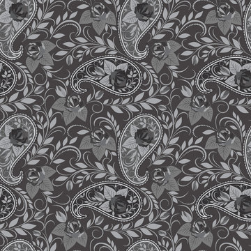 Seamless Grey Floral Pattern With Paisley And Roses . Vector Background.