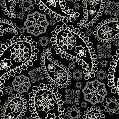 Seamless black and white geometric pattern with paisley . Vector background.