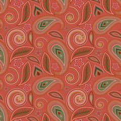 Naklejka premium Seamless geometric pattern with paisley and flowers. Vector background.
