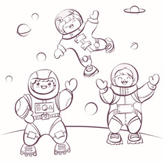 Cartoon astronauts in outer space, illustration for colouring