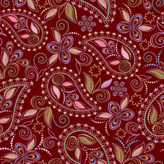 Seamless geometric pattern with paisley and flowers. Vector backgroun