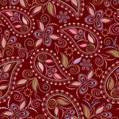 Gordijnen Naadloze geometrische patroon met paisley en bloemen. Vector achtergrond © Nati