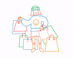 Girl carry shopping bags with purchases. Sale at store. Thin line flat design, vector illustration in bright colours.