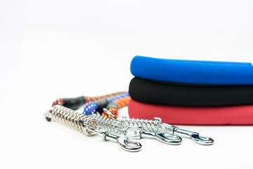 Pet leashes with silver hook on isolated white
