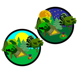 icons which shows the elements of travel day and night with a tent, fire and starry sky.