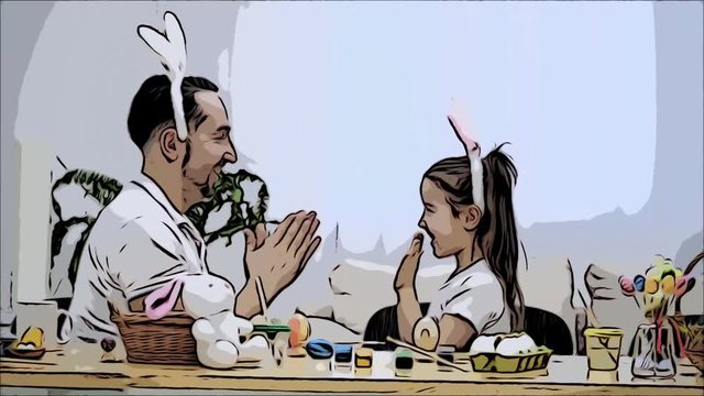 Father is playing a game with his daughter. They are playing with their hands nice and interesting, childish game. Animated video. Scatch.