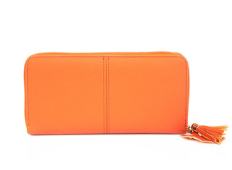 Closeup modern orange woman wallet fashion on white background - obrazy, fototapety, plakaty