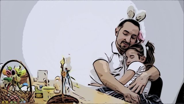 Tired father with his daughter got exhausted after playing games and decided to have a little nap. Animated video. Scatch.
