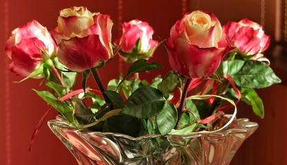 Fototapeta premium Bouquet of roses in a glass vase on red background