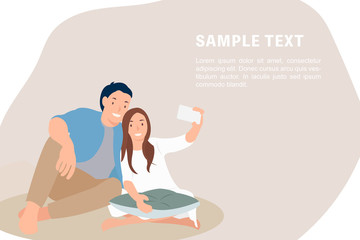 Cartoon people character design banner template selfie with lover, young couple taking picture happily