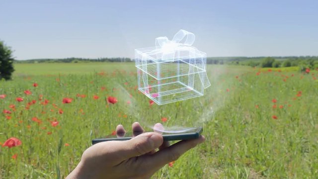 Hologram of gift box on a smartphone. Person activates holographic image on the phone screen on the field with blooming poppies