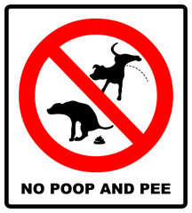 Warning forbidden sign no dog peeing and pooping.  illustration isolated on white. Red prohibition symbol for public places. No poop and pee dog icon