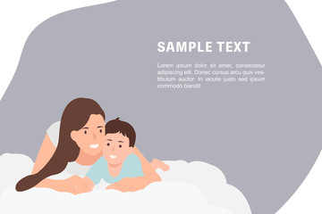 Cartoon people character design banner template happy mother and cute baby lying on bed