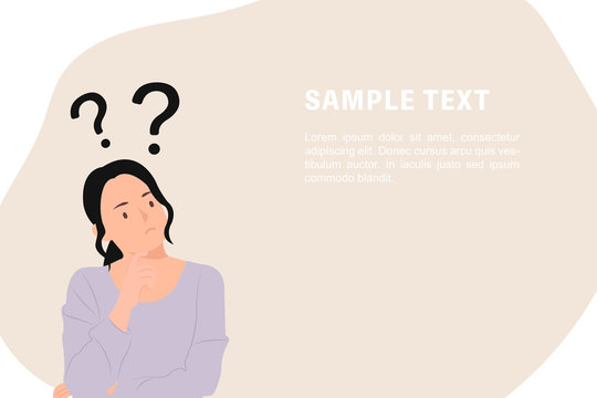 Cartoon people character design banner template question marks with young Asian woman in a thoughtful pose