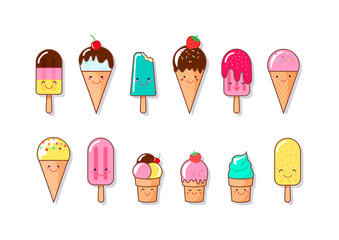 Ice cream cone with smile faces vector illustration set. Vanilla, chocolate, fruit ice cream on isolated white background. Ice cream sweet dessert. 