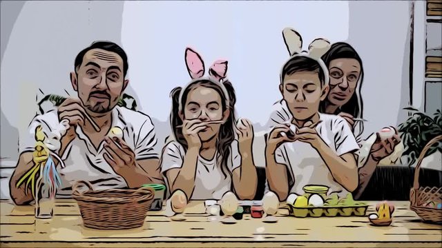 Parents with their adorable and cute kids, who are really similar to them, are colourizing Easter eggs, sitting at the wooden table, full of Easter decorations. Animated video. Scatch. Family is