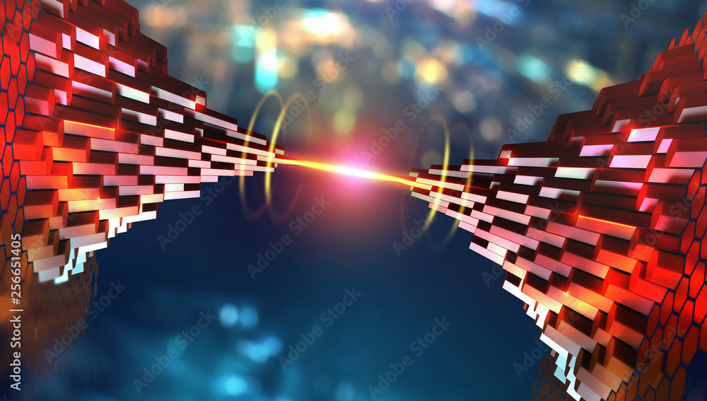 Poster fantastic night city. quantum computer. transmission of global data across cyberspace bridge. 3d ill