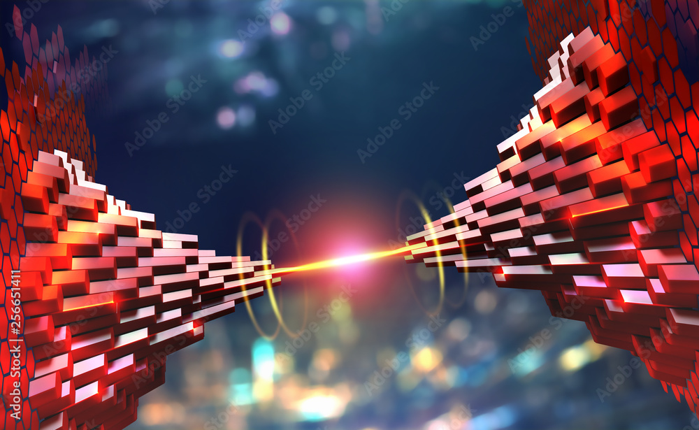 Aufkleber fantastic night city. quantum computer. transmission of global data across cyberspace bridge. 3d ill