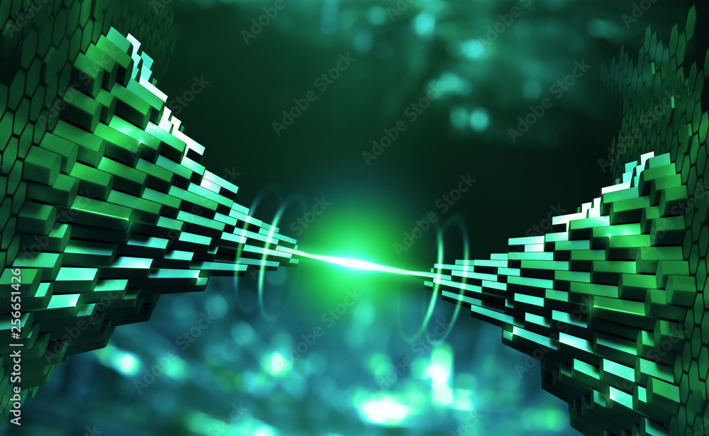 Poster fantastic night city. quantum computer. transmission of global data across cyberspace bridge. 3d ill