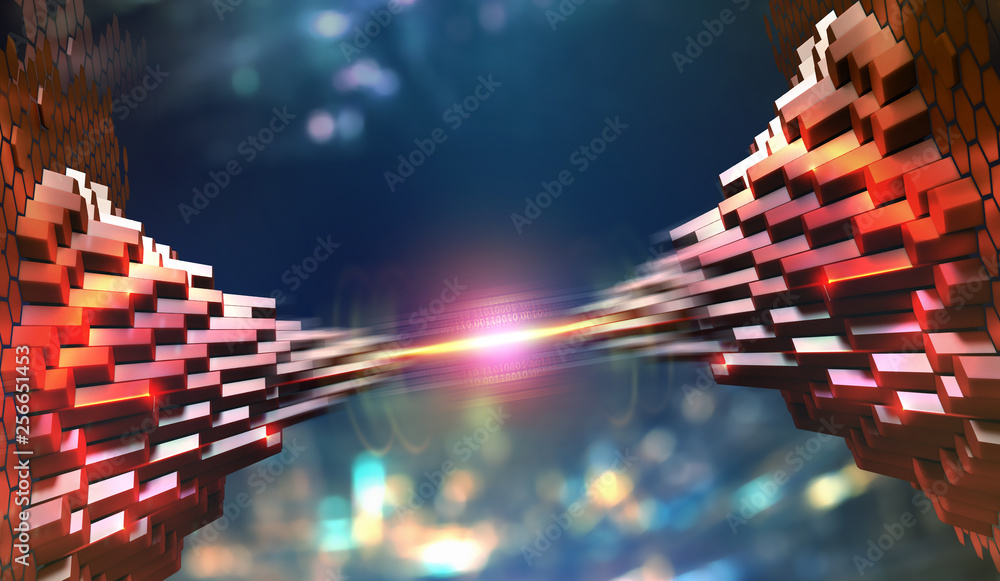Aufkleber Blockchain. Quantum computer architecture. Fantastic cyberspace technology of the future. Secure digital data stream. 3D illustration of information blocks connected by a laser beam