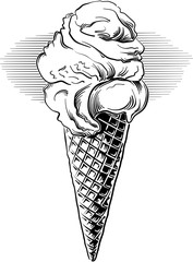 Ice cream cone with various flavors, black and white vector.