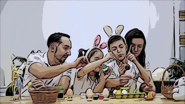 Parents with their adorable and cute kids, who are really similar to them, are colourizing Easter eggs, sitting at the wooden table, full of Easter decorations. Animated video. Scatch.