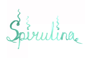 Watercolor handwritten lettering spirulina.