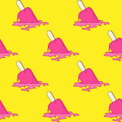 Seamless pattern with pink ice cream dropped and melting on the floor isolated on bright yellow background. Cute popsicle wallpaper. Vector illustration.