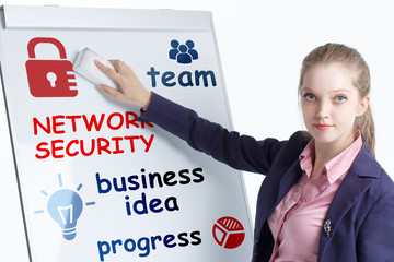 Business, technology, internet and networking concept. Young entrepreneur showing keyword: Network security