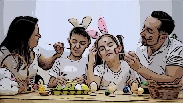 Parents with their smily and cute kids, are colourizing each other, sitting at the wooden table, full of Easter decorations. Father is painting a red heart on daughter's cheek, mother is painting with