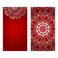 Design Vintage Cards With Floral Mandala Pattern And Ornaments. Vector Illustatration. The Front And Rear Side. Red silver color