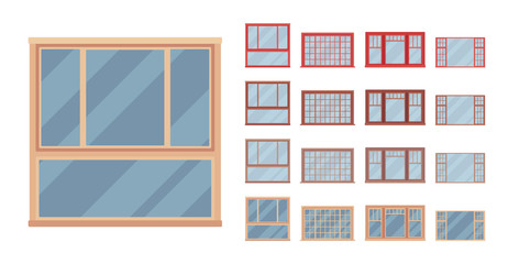 Window for building fitted with glass in a frame. Awning modern look set. Home and office design for residential project. Vector flat style cartoon illustration isolated on white background