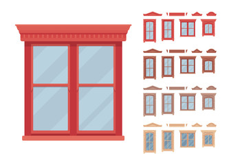 Window for building fitted with glass in a frame. Set with carved decorative platbands. Home, office design for residential project. Vector flat style cartoon illustration isolated on white background