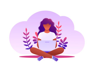 Young woman sitting on the floor with laptop. Freelance, working from home, distance education, shopping online, surfing the internet. Flat vector illustration.