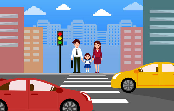 family  crossing road on crosswalk Traffic Lights and car Flat Vector Illustration.