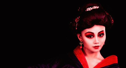 beautiful Japanese girl in kimono with a fan on a black background
