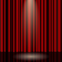 Theater red curtain with spot lighting. Vector background concert.