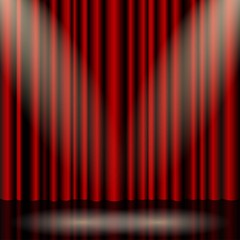 Theater red curtain with spot lighting. Vector background concert. With two lamps