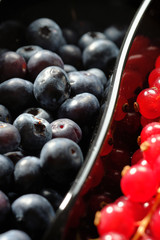 plastic containers box of berries, red currants and blueberries. Close up
