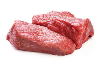 Fresh raw beef steak, sliced meat, close-up, isolated on white background