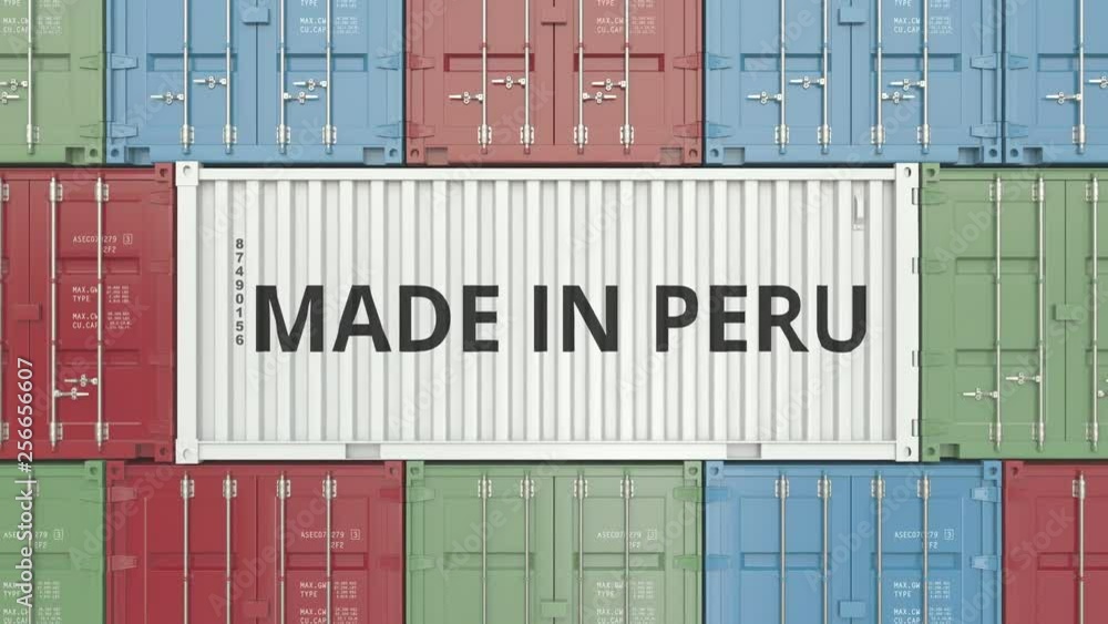 Poster container with made in peru text. peruvian import or export related 3d animation