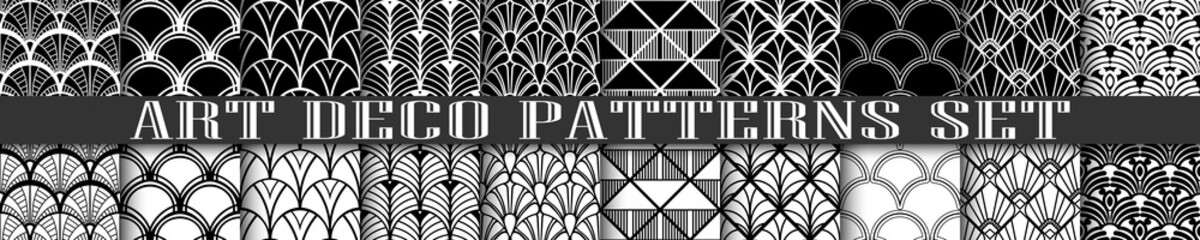 Vector modern tiles patterns collection. Set of abstract art deco seamless monochrome backgrounds