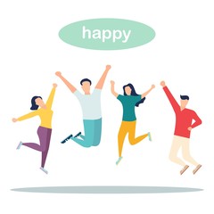 Vector illustrator, a group of happy, jumping people with happinesson a white background.