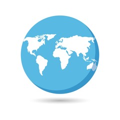 Earth icon, white and blue earth with shadow on white background.